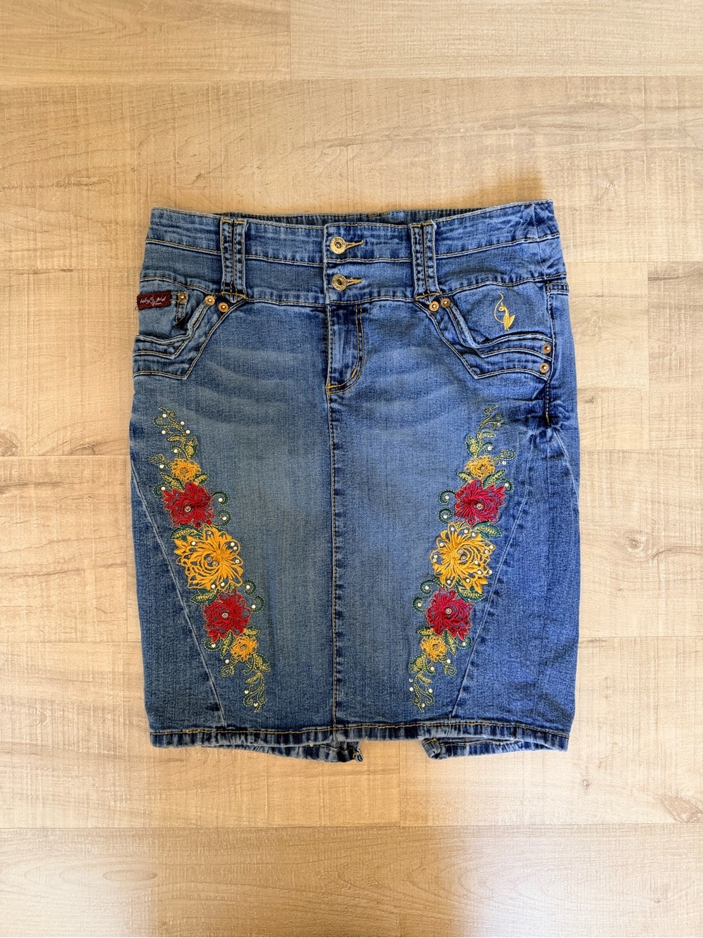 Vintage Baby Phat Y2K Embroidered Denim Skirt Size 11 High Waisted Jean Pencil